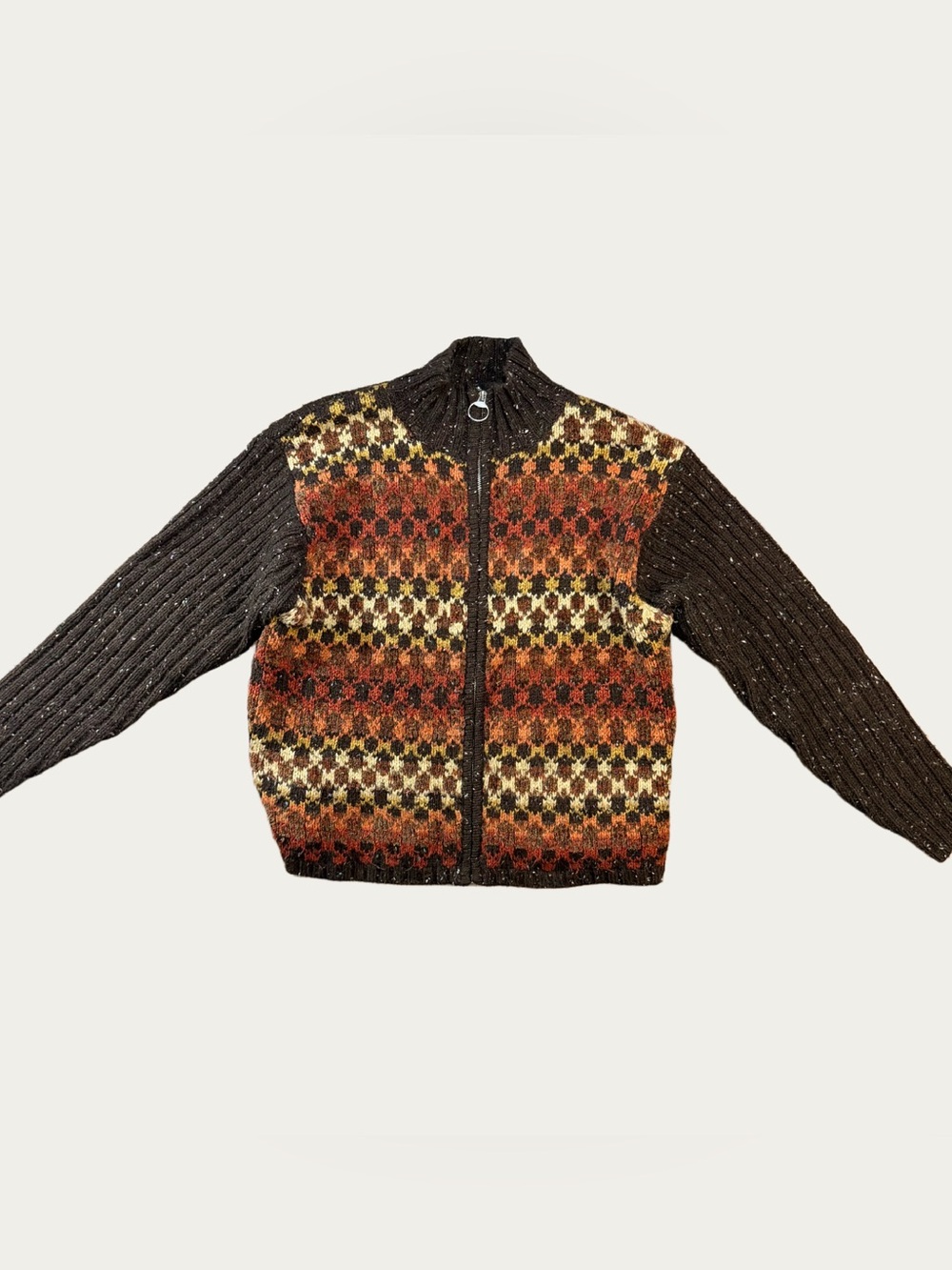 Brown Fair Isle Full Zip Knit Sweater Cardigan Speckled Chunky Fall Cottagecore